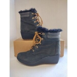 Sperry Women's Dark Blue Faux Fur Lined Wedge Lace Up Ankle Boots Size‎ 5